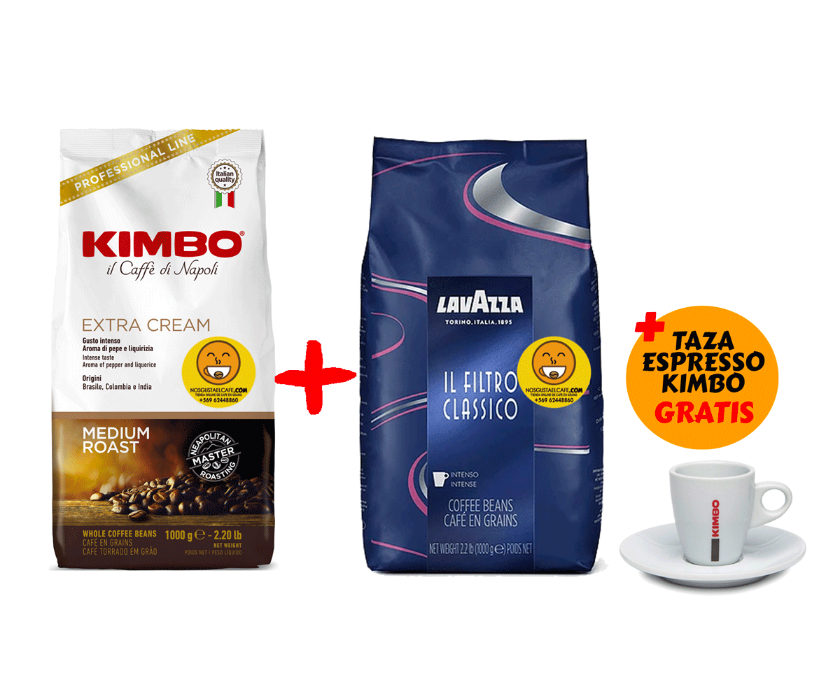 Pack 2 kilos café italiano en grano entero Lavazza Il Filtro Classico y  Kimbo Extra Crema más taza espresso marca Kimbo de regalo - Nos gusta el café  Chile ☕
