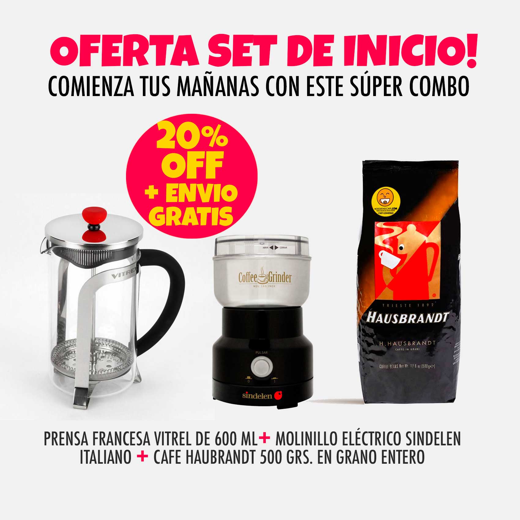 Promoción Set Prensa Francesa 600 ml + molinillo eléctrico Sindelen + Café  italiano H. Hausbrandt 500 grs. en grano entero - Nos gusta el café Chile ☕