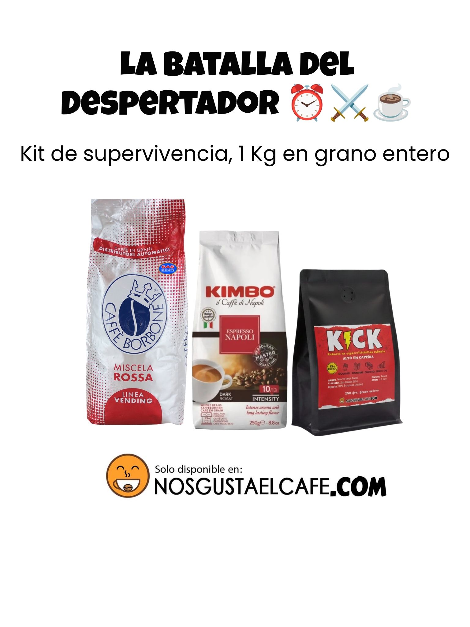 Kit de supervivencia, pack 3 variedades, 1 Kg de café en grano alto en cafeína