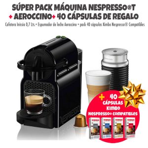 Cafetera Nespresso Inissia Negra 0,7 litros + Espumador Aeroccino + pack 40 cápsulas Kimbo